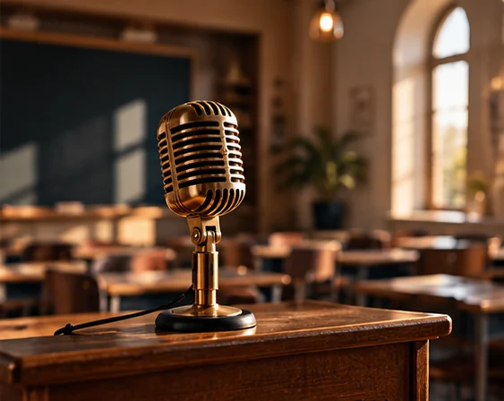 Micro ancien sur un pupitre, devant une salle de classe