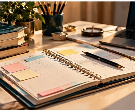Planning de révisions aux onglets de couleur, stylos et livres sur un bureau